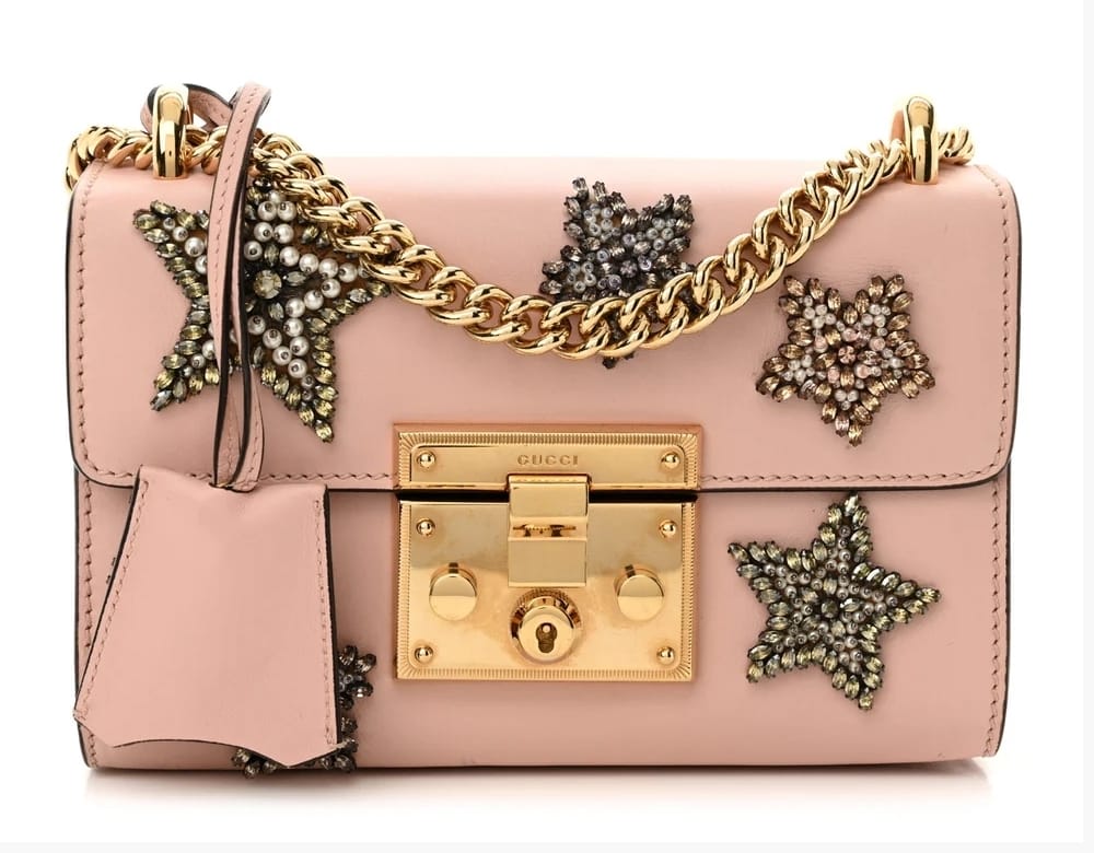 Calfskin Crystal Star Embroidered Small Padlock Shoulder Bag