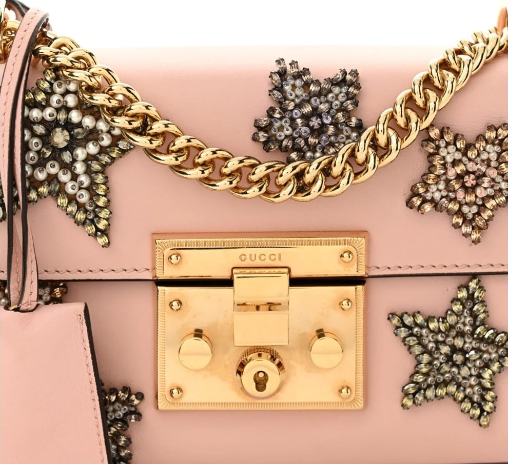 Calfskin Crystal Star Embroidered Small Padlock Shoulder Bag