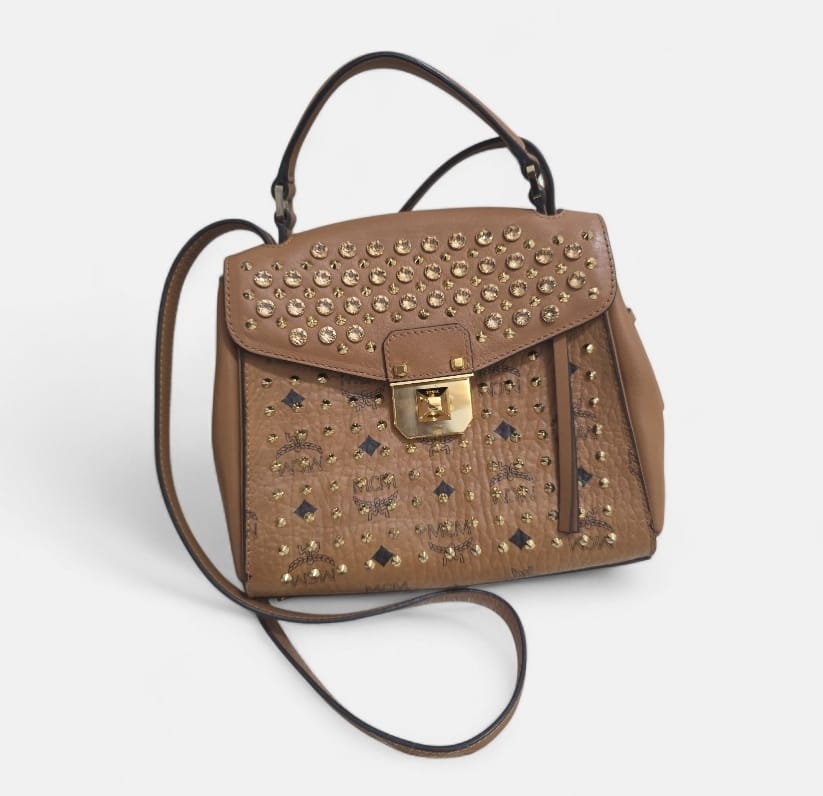 MCM Brown Visetos Coated Canvas & Leather Swarovski Top Handle Bag | Pre-Owned Luxury